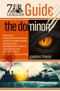 Cover of The Dominion. A travel guide showing a city with modern buildings and mythical creatures.